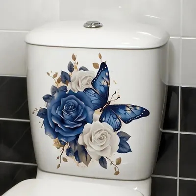 Blaue Schmetterlinge Blumen Toilettenaufkleber, selbstklebende Badezimmer-Heimdekoration, Vinyl-Autoaufkleber, Kunsttapete, Image