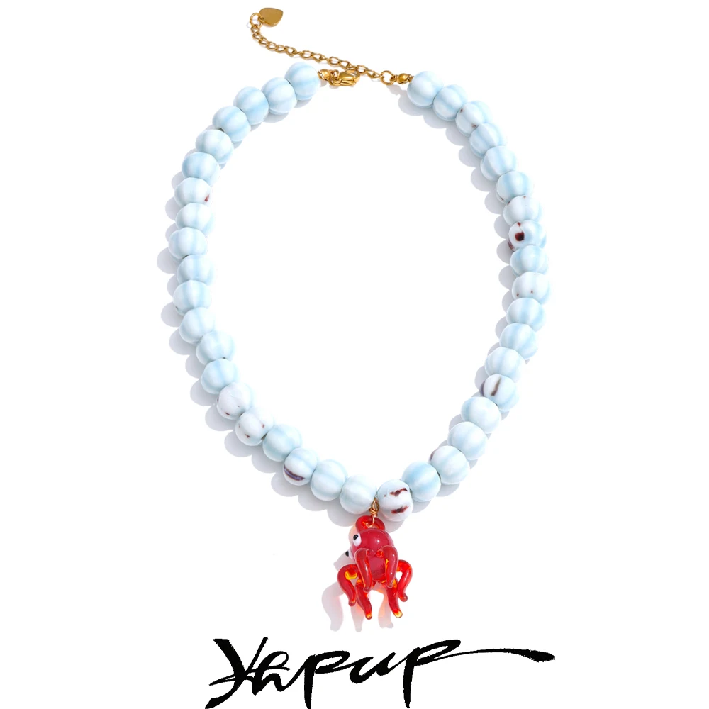 Yhpup Sommer Blaue Keramik Runde Perlen Kette Octopus Anhänger Nette Manuelle Halskette Strand Täglichen Edelstahl Schmuck Empfehlen Image