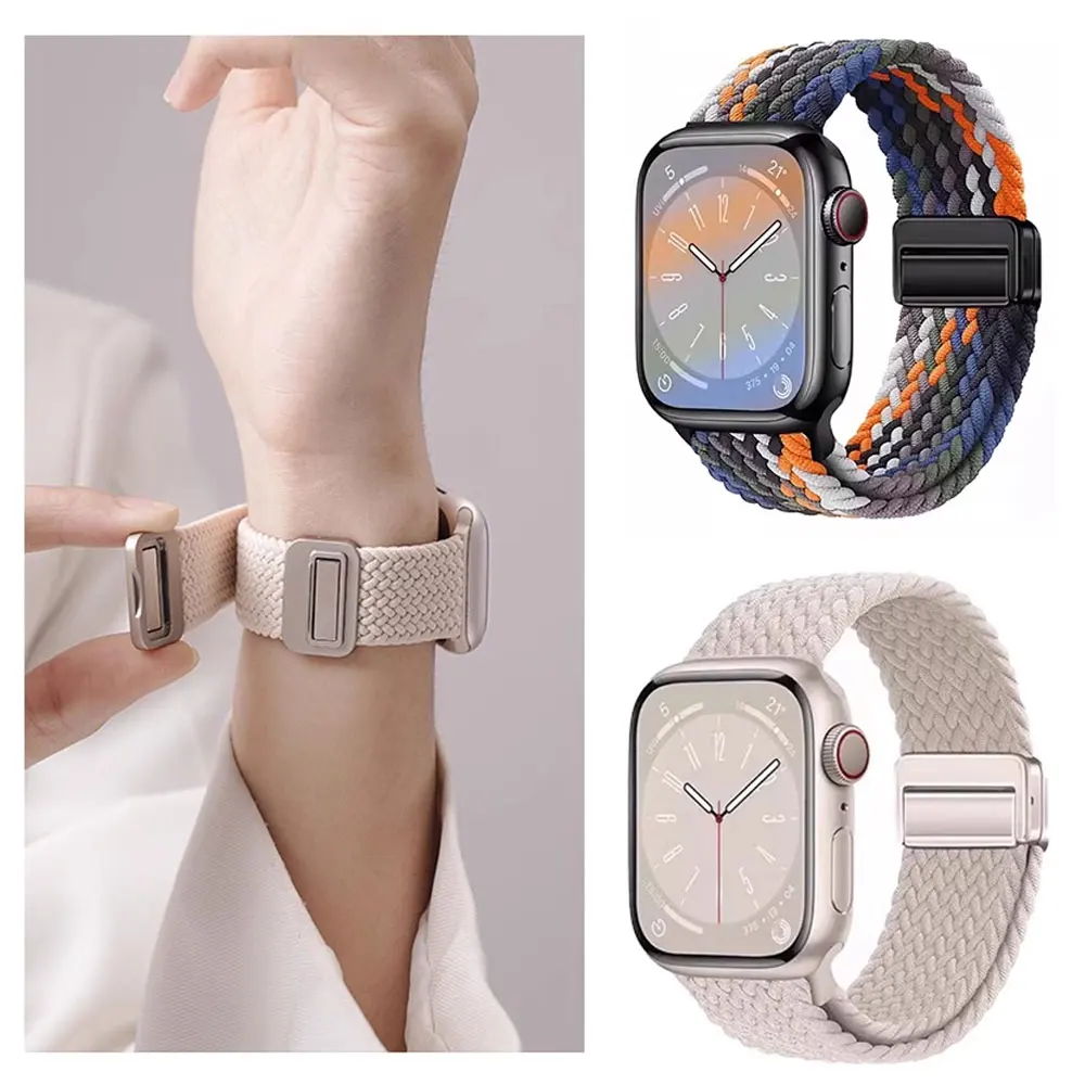Braided Strap For Apple Watch Band 45mm 44mm 40mm 49mm 41mm 38 buckle Bracelet iWatch Series 10 se 7 6 8 9 Ultra2 Magnetic Band Image