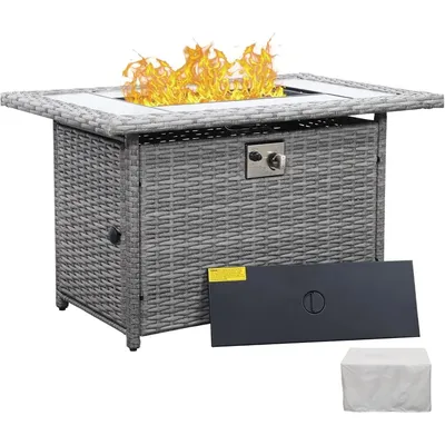 45-Inch 60,000 BTU Wicker Gas Fire Pit Table: Woodgrain Marble Top & Cover for Outdoor Use