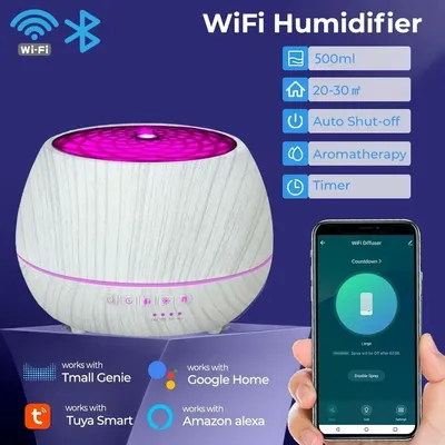 Tuya WiFi Smart 500ML Aromatherapy Essential Oil Diffuser Wood Grain Remote Control Ultrasonic Air