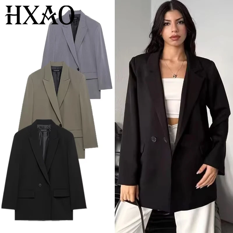 HXAO Blazer da donna Primavera Abbigliamento da ufficio Capispalla donna Nero Verde Grigio Blazer Cappotti a maniche lunghe Blazer Giacca da abito aderente 066