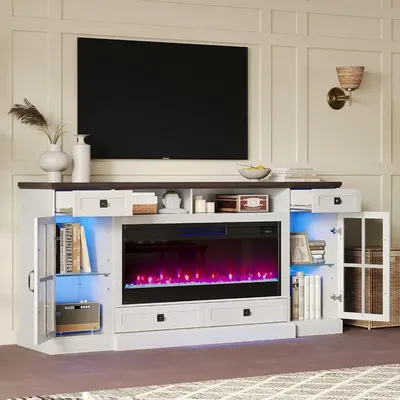 70“ Fireplace TV Stand for 80 Inch TV,Farmhouse TV Stand with 42" Fireplace & LED