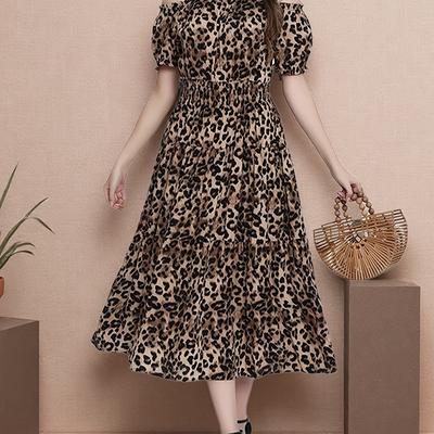 TEMU Women's Bohemian Leopard Print Maxi Dress - Off-shoulder, Short Sleeve, Flared Skirt, Backless, Spring/summer Vacations, Adult Fashion, Casual Attire|bohemian Style|flared Skirt Design Image