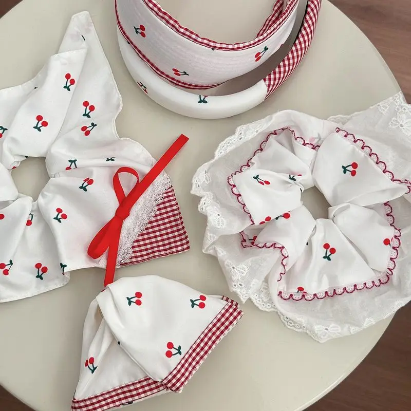 1 Stück reine weiße Spitze Dickdarmschlaufe, süßer und süßer quadratischer Kirschschschal, niedrige Pferdeschwanz-Krawatte, Haargummi, Haar-Accessoire Image