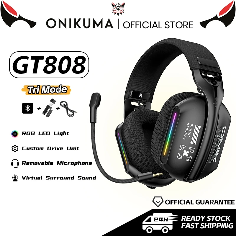 ONIKUMA Kabelloses Gaming-Headset: 2,4 G/kabelgebunden/Bluetooth-3-Modi, biegbares HD-Mikrofon, weiche Ohrpolster, immersiver Sound für PC/PS4/5 Image