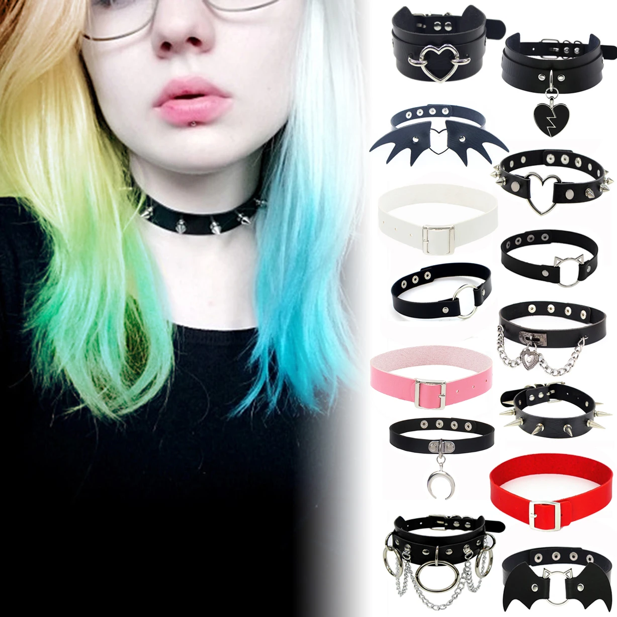 Rosa Gothic Kette Halskette Leder Halsband Party Punk Colliers Kragen Goth Halsketten Frauen Schwarz PU Kawaii Hexe Rave Schmuck