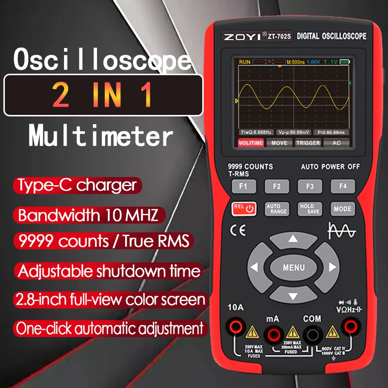 ZOYI ZT-702S 2-in-1 Oszilloskop-Multimeter! 2,8-Zoll-IPS-Bildschirm, 9999 Zählungen, 10 MHz Bandbreite, 48 MSa/s Abtastrate, ±400 V Eingang Image