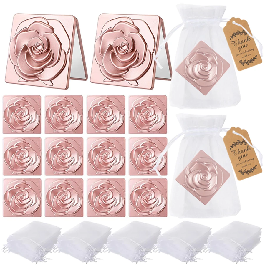 6/12Set 7cm Platz Rose Spiegel mit Lagerung Tasche Dame Tragbare Handheld Klapp Spiegel Dressing Tisch Make-Up zubehör
