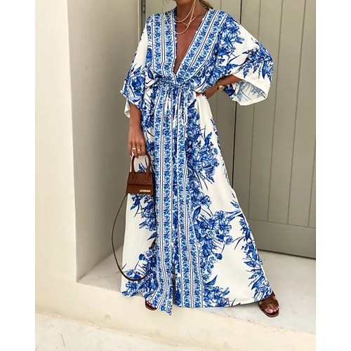 Damen Langes Kleid Maxikleid Schwingkleid Blumenkleid Druckkleid Mode Modern Outdoor Urlaub Ferien Normale Passform Blume Dreiviertelarm V Ausschnitt Blau Grün Beige Sommer Image