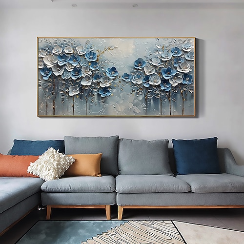handgemachtes original blaues Blumen Ölgemälde auf Leinwand abstrakte Baumlandschaft Wandkunst für Wohndekoration mit gespanntem Rahmen ohne Innenrahmen Gemälde Image