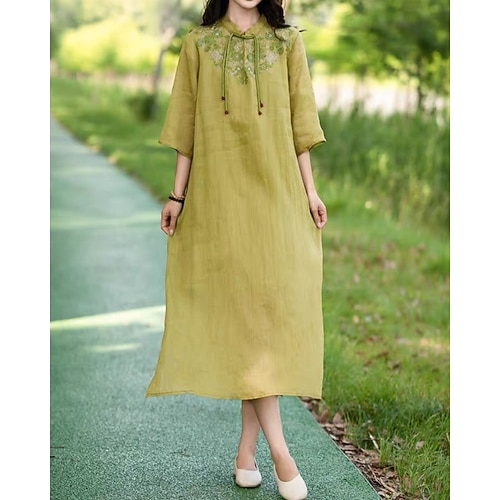 Damen Midikleid Baumwoll Mischung Shiftkleid Blumenkleid Mode Modern Täglich Urlaub Ferien Normale Passform Blume Halbarm Stehkragen Blau Rosa Grün Aprikose Sommer Image