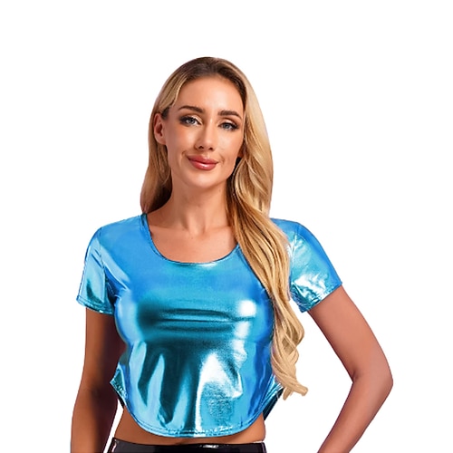 Retro Vintage 1980er T-Shirt Bauchfreies Top Disco Lack-Latex glänzend Metallisch Kostüm Damen Halloween Karneval Musikfestival Pride Parade Pride-Monat Erwachsene T-shirt Sommer Image
