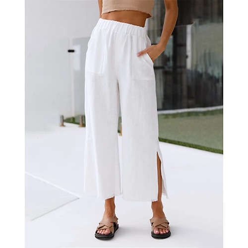Damen Hose aus Baumwollleinen Stoffhosen Streetwear Lässig Volle Länge Natürliche Taille Einfach Tasche Elastischer Bund Geteilt Bequem Außenbereich Ferien Wochenende lichter Ocker Hellhimmelblau Image