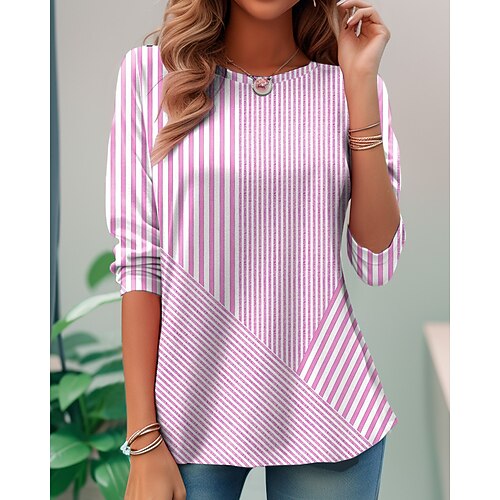 Frauen T-Shirt Langarm Rundhals Langarm Tunika Grafik Geometrisch Gestreift Elegant Vintage Regelmäßige Oberteile Täglicher Ausgehen Wochenende Druck Pink Blau Lila Orange Grün Vorherbst Image