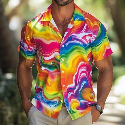 Herren Regenbogen LGBT Stolz Hemd Sommerhemd Knopfhemd Kurzarm Modisch lässig Ferien Sommer Frühling Umlegekragen 3D-Druck Hemden mit Kragen Regenbogen Image