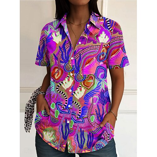 Damenhemd Langarm Button-Down-Bluse Blumen Grafik Abstrakt Täglich Legeres Kurzarmhemd Kragen Reguläre Oberteile Täglich Blau Fuchsia Sommer Frühling Image
