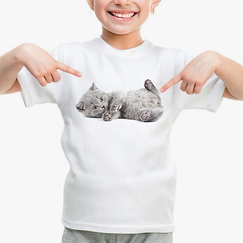 100% Baumwolle Kinder Mädchen 1 2 3 Katze T-Shirt Rundhalsausschnitt Kurzarm Outdoor Urlaub Täglich Klassisch Lässig Druck Sommer Image
