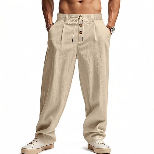 Herren Leinenhosen Hose Sommerhose Strandhose Kordelzug Tasche Elastischer Bund Einfach Komfort Atmungsaktiv Täglich Strand Urlaub Hawaiianisch Boho Hellkaki Schwarz Mikroelastisch Image