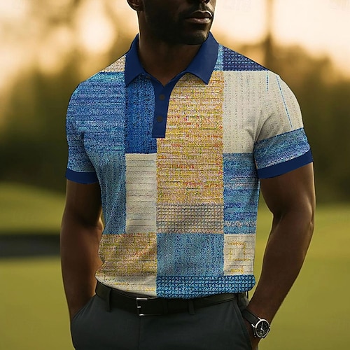 Herren Patchwork Polo Kurzarm Polo-Shirts Hemden mit Kragen Business-Casual Outdoor Geschäft Alltagskleidung 3D-Druck Sommer Blau Orange Grün Image