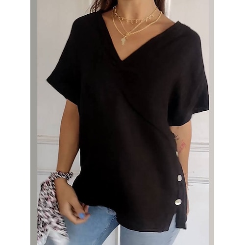 Damen Bluse Knöpfe Einfarbig Elegant Lässig Kurzarm V Ausschnitt Normale Oberteile Täglich Ferien Schwarz Weiß Braun Sommer Image