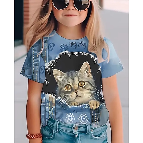 Mädchen 3D Tiermotiv Katze T-Shirt Kurzarm Sommer Frühling Mode Basic Kinder 4-12 Jahre Rundhalsausschnitt Outdoor Lässig Täglich Normale Passform Image