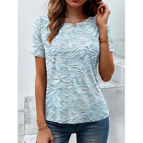 Damen T-Shirt 3D Druck Floral Grafik Pflanzen Vintage Stylisch Klassisch Kurzarm Rundhalsausschnitt Reguläre Oberteile Täglich Druck Pink Khaki Hellblau Sommer Image
