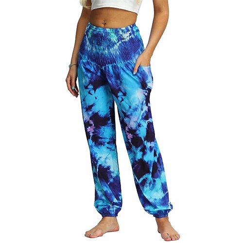 Retro Vintage Boho 1970er Haremshose Yoga-Hose Hippie Schnurbatik Gesmokte Taillenbund Regenbogen Kostüm Damen Halloween Karneval Pride Parade Pride-Monat Festival Erwachsene Hose Image