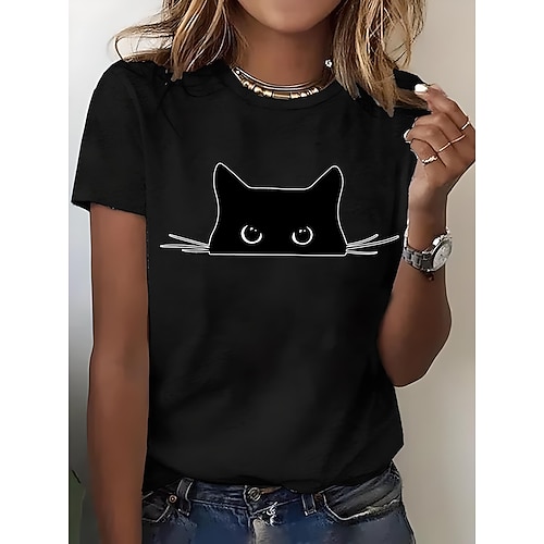 Damen T Shirt Druck Grafik Tiermotiv Katze Vintage Stilvoll Klassisch Kurzarm Rundhalsausschnitt Rundhals Normale Oberteile Täglich Wochenende Blau Schwarz Weiß Rosa Purpur Sommer Frühling