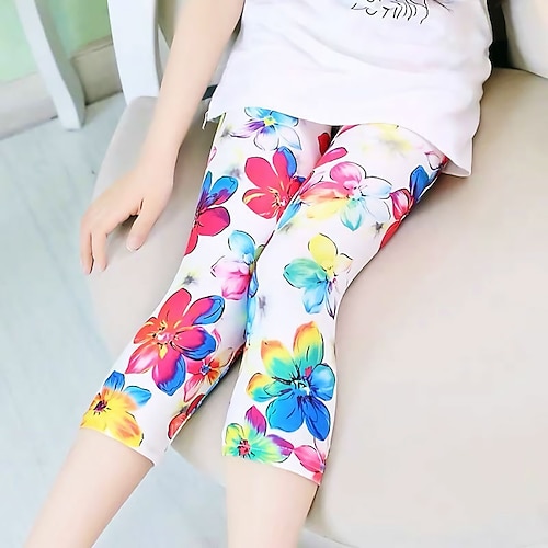 Kinder Mädchen Leggings Blumen Täglich Schule Ab 4 Jahren Sommer Dunkelrosa Schwarz Weiß Image
