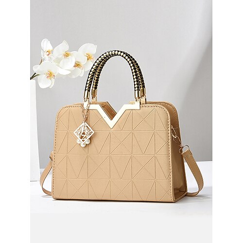 Damenhandtasche aus Kunstleder mit Perlenanhänger – elegante geometrische Tragegriffe und Umhängetasche fürs Büro, den täglichen Weg zur Arbeit und formelle Anlässe