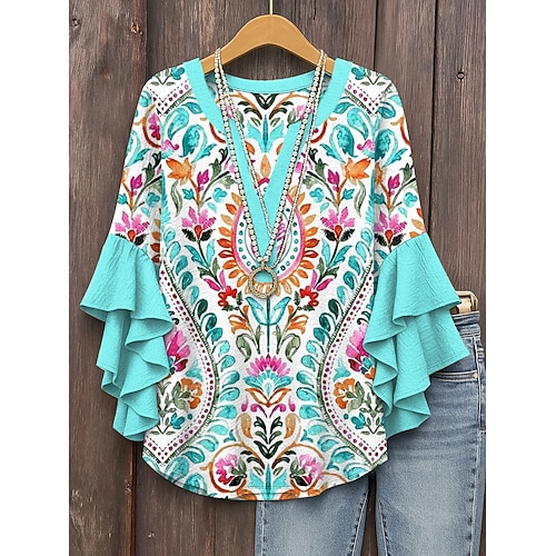 Damen Retro Bluse mit Schichten Rüsche Ärmel Tops Vintage Blumen Grafik Paisley Bohemia Vintage Täglich 3/4 Länge Ärmel Reguläre Tops Täglich Urlaub Freizeit Kleidung Print Weiß Rot Blau Grün Image