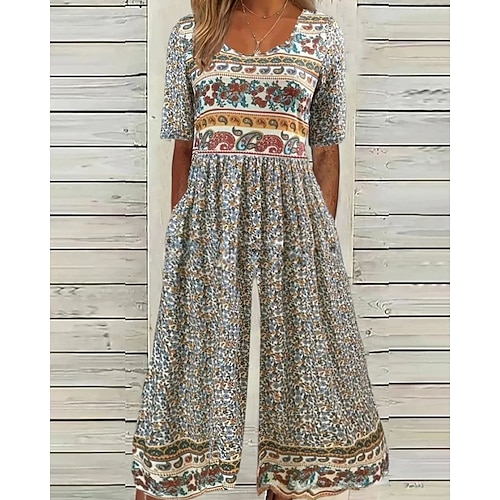 Damen Normal Overall Lässig Blumen Kurzarm Rundhalsausschnitt Druck Straße Täglich Normale Passform Blau Aprikose Sommer Image
