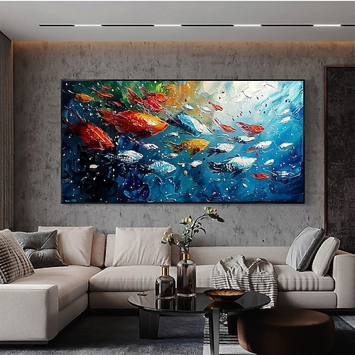 handgemachtes original buntes Fischölgemälde auf Leinwand abstrakte Fischschule Wandkunst für Wohndekoration mit gespanntem Rahmen ohne Innenrahmen Gemälde Image