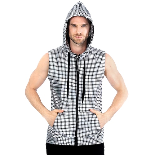 Retro Vintage 1980er Rave Ärmelloser Hoodie Disco Reißverschluss Karo / Karomuster Kostüm Herren Halloween Karneval Musikfestival Pride Parade Schwulenclub Erwachsene Weste Ganzjahres Image