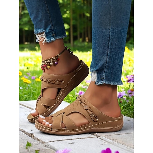 Bequeme Damen-Sandalen zum Hineinschlüpfen – rote Sandalen mit breiten Riemen und Kreuzdesign, ideal für Waldspaziergänge und Freizeittage Image
