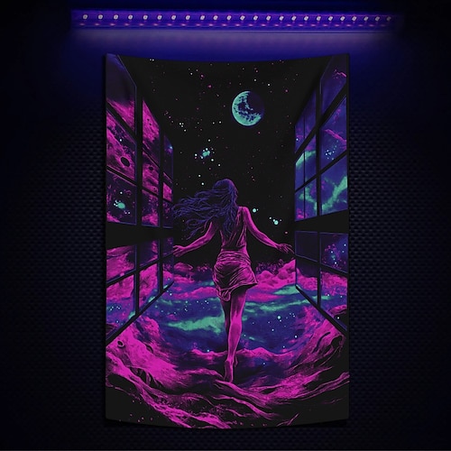 Schwarzlichthandwerk Leuchttapete Glow in the Dark Glow Party UV reaktiv Sexy Girl Trippy Misty hängende Wandteppich Wandkunst Wandmalerei für Wohnzimmer Schlafzimmer Image