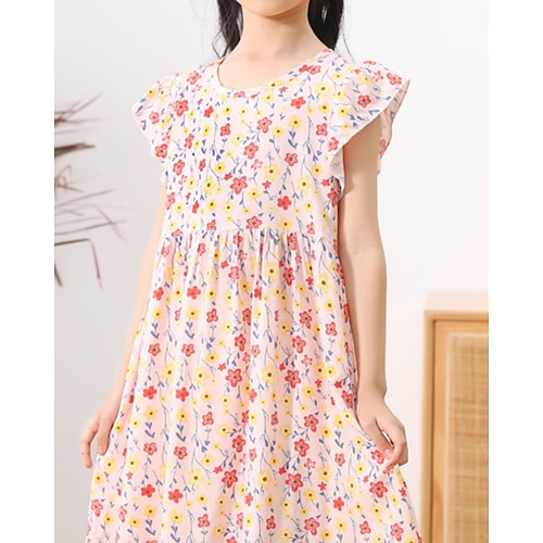 Kinder Mädchen Kleid Blume Kurzarm Outdoor Gerafft Niedlich Basic Baumwolle Knielang Freizeitkleid Blumenkleid Sommer Ab 4 Jahren Hellrosa Weiß Gelb Image