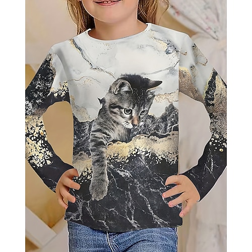 Mädchen 3D Tiermotiv Katze T-Shirt Langarm Frühling Herbst Mode Basic Kinder 4-12 Jahre Rundhalsausschnitt Outdoor Lässig Täglich Normale Passform Image