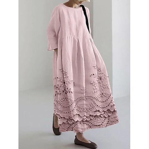 Damen Maxikleid Sommerkleid A Linie Kleid Urlaub Lässig Strand Täglich Ferien Ausgehen Lässiger Schnitt Blumen Grafik Langarm Rundhalsausschnitt U-Boot-Ausschnitt Blau Weiß Rosa Sommer Frühling Image