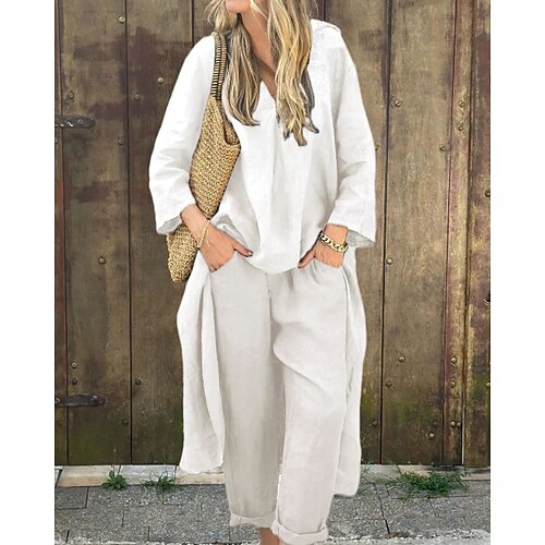 Damen Baumwoll-Leinen-Hemden Baumwoll Mischung Bluse Langarm V Ausschnitt Einfarbig Aktiv Ferien Wochenende Blau Schwarz Weiß Sommer Normale Passform Image