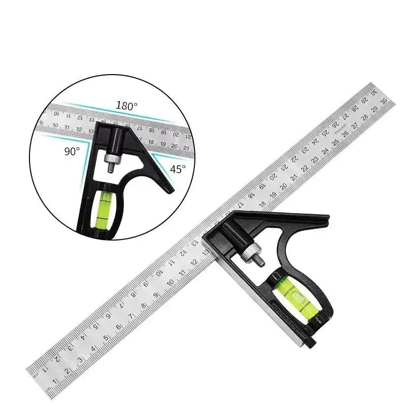 Combinazione angolare in acciaio inossidabile da 300 mm Righello quadrato Mobile orizzontale mobile 45 gradi Destra Carpentiere Livello mobile Lavorazione del legno