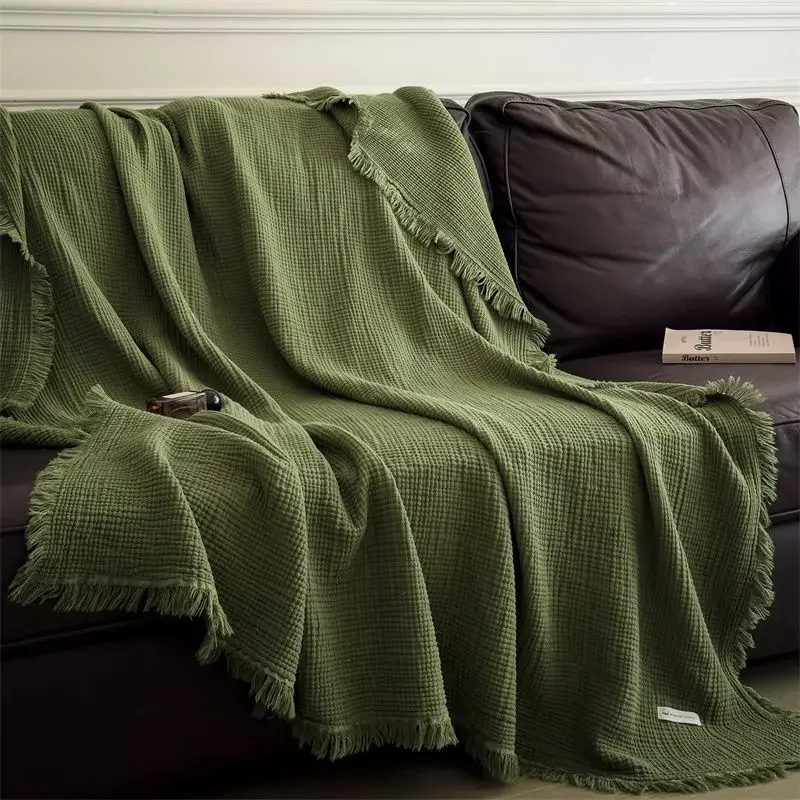 Coperta di garza a sei strati in puro cotone con frange lavorate a maglia di classe A. Coperta per scialle in cotone 100. Coperta per pisolino per divano retrò