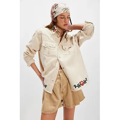 Profound Western Floral Denim Shirt at Free People in Ivory Denim, Size: XS