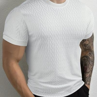 TEMU Men's Textured Drop-feel Fabric Short Sleeve T-shirt - Slim Fit, Ribbed Detail, Crew Neck, Lightweight For Casual & Outdoor Activities Image