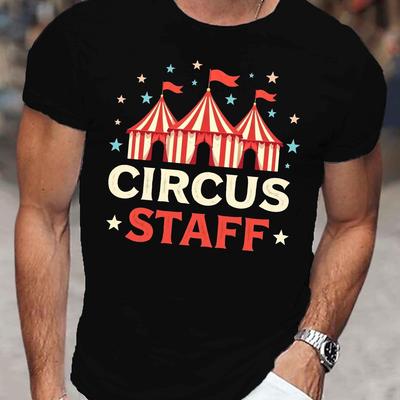 "TEMU Men's Circus Tent Graphic T-shirt - Casual Summer Short Sleeve Tee With "circus Staff" Print, White Polyester Round Neck Shirt For Adults, Clothing | Circusthemed Shirt | Smooth Texture Tee" Image