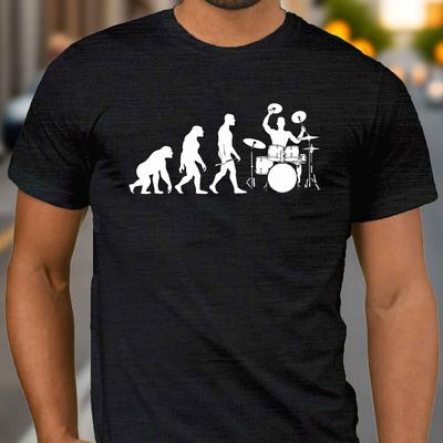 TEMU Drummer Evolution Graphic Men's T-shirt 100% Polyester Knit Fabric Crew Neck Casual Tee With Geometric Pattern Stretch For Summer Regular Fit Adult Image
