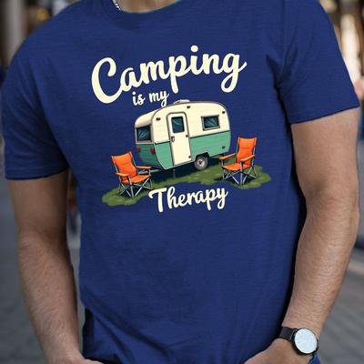 "TEMU Men's "camping Is " Graphic T-shirt - Black Casual Short Sleeve Tee With & Campfire Design, Lightweight Polyester For Summer" Image