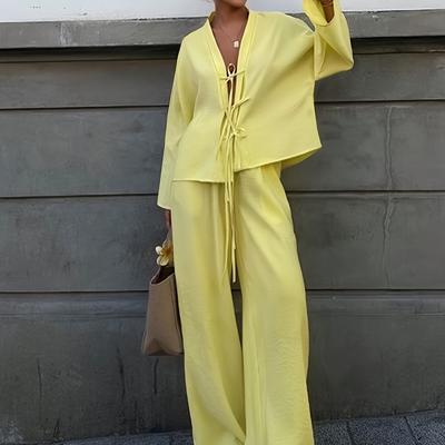 TEMU 2pcs Women's Casual Loose Off-shoulder Tie-front Top And Wide-leg Pants Set Spring/summer Outfit Image