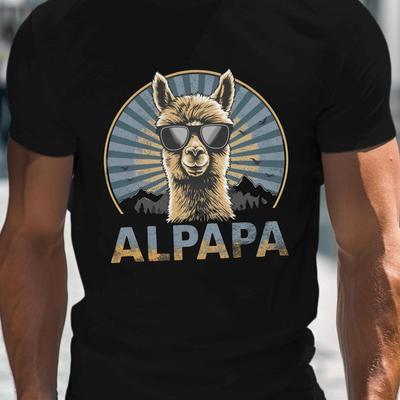 TEMU Alpaca Wearing Glasses Print, Men's Round Crew Neck Short Sleeve Tee, Casual T-shirtcasual Comfy Lightweight Top For Summer Image